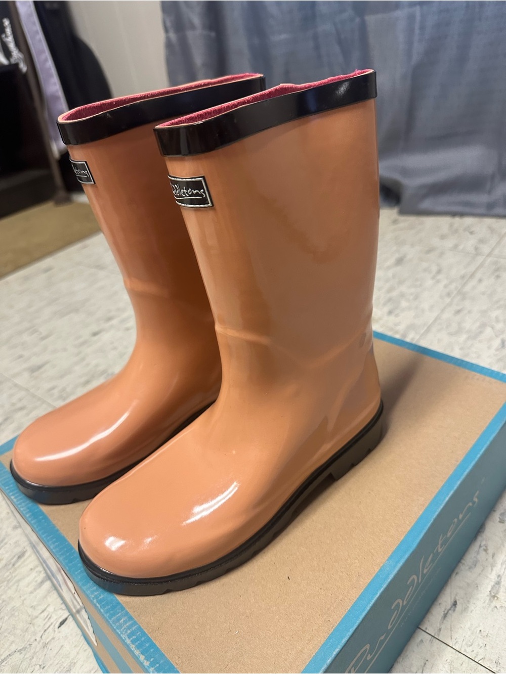 Classic Kids Rain Boots in Tan with Black Trim